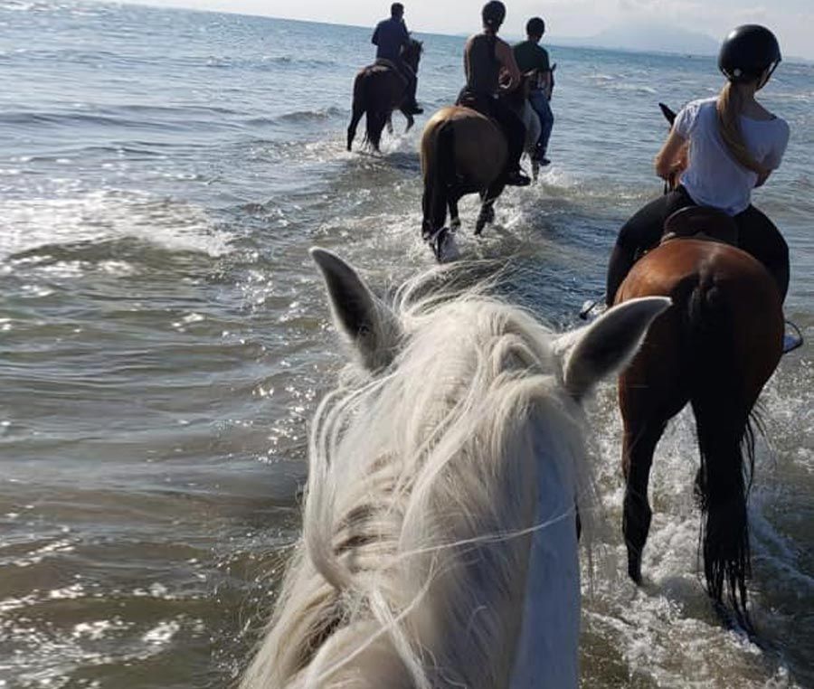 Centro Hípico Oliva Nova familia a caballos en el mar